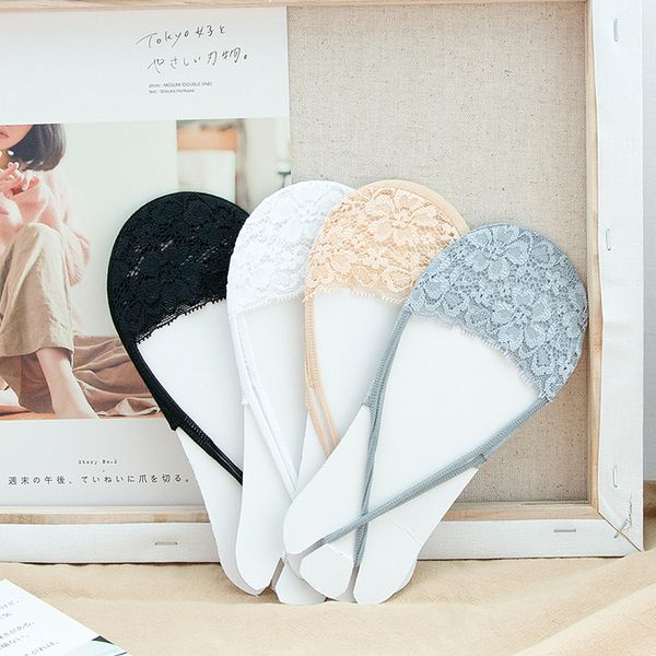 

women's cotton lace sock slipper half feet antiskid invisible liner pure color low-cut liners socks fashion casual wear, Black;white