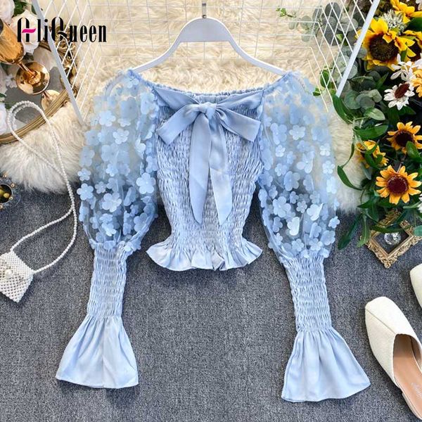 

off shoulder puff sleeve bow crop women flower applique mesh blouses female summer white elastic shirts camisas mujer