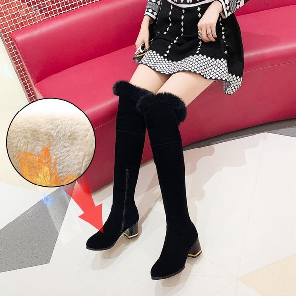 

plus size 34-46 fashion women over the knee boots punk long boots fur mid heel shoes winter snow party dress, Black