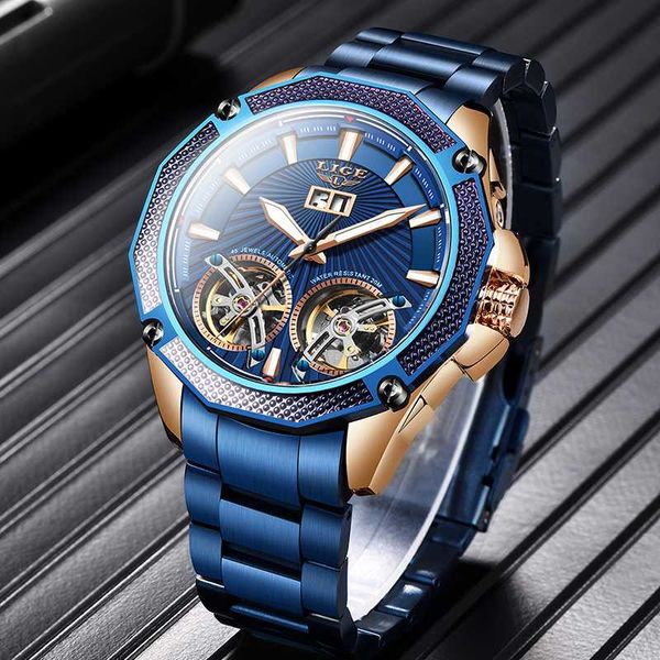 

lige 2020 new mechanical wristwatch men watches automatic blue stainless steel waterproof date business watch men, Slivery;brown