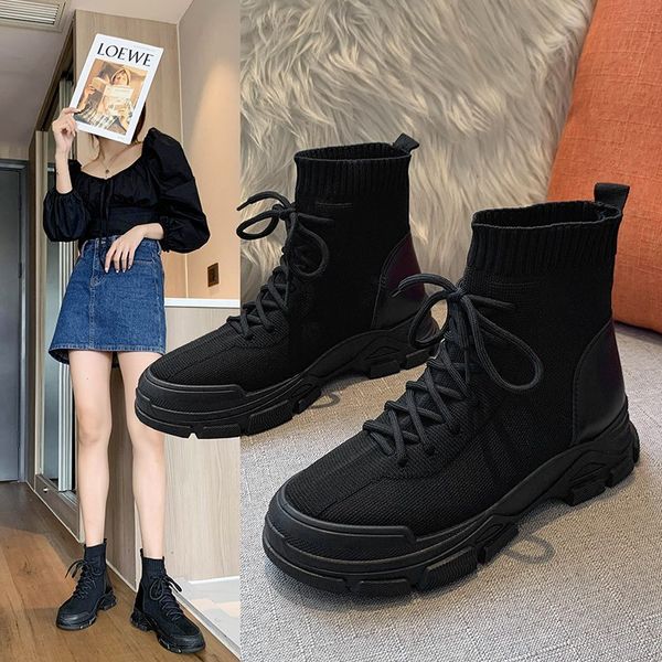 

boots size 35-40 2021 fashion women's autumn soft sneakers style black shoes woman flat heels ladies platform ankle boot