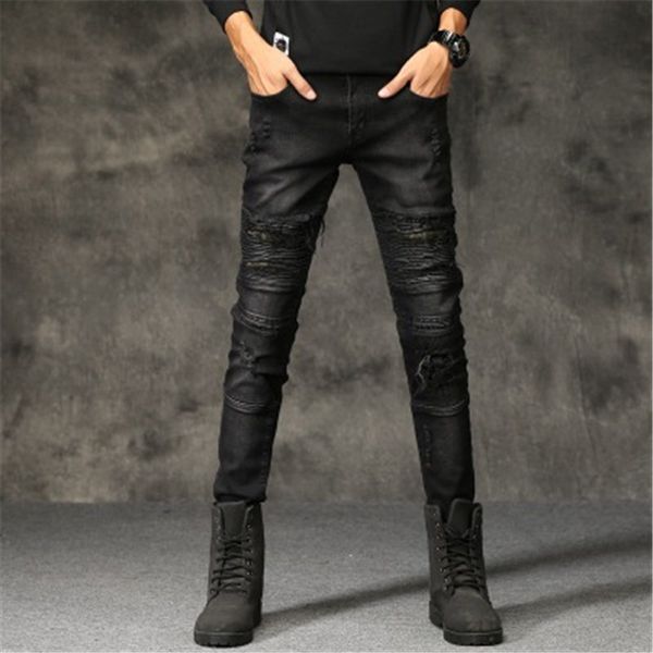 

fashion streetwear mens jeans destroyed ripped design pencil pants skinny trousers men full length jeans men pants, Blue