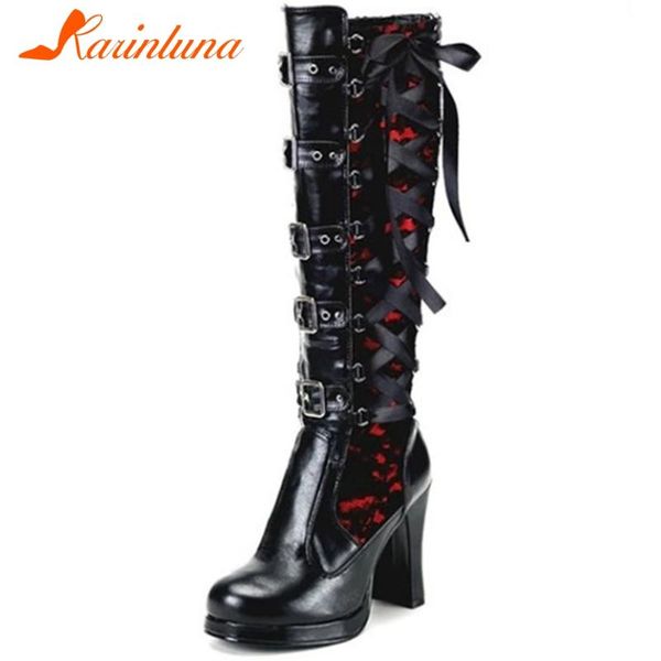 

karin 2020 new fashion high heels mid calf boots woman shoes platform lace up buckle decoration spring autumn boots female, Black