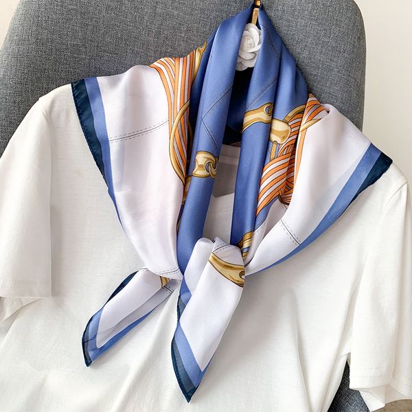 

square silk scavrf 2020 brand fashion work neckerchife spring chain decorative scarves 70*70cm small scarfs gift for lady, Blue;gray