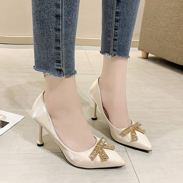 

dress shoes rhinestone bow silk stiletto heels women 9cm super high party crystal pointed toe pumps black beige