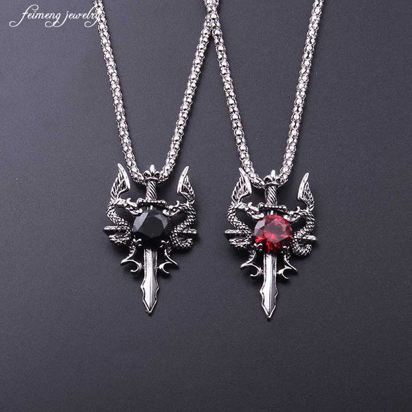 

mens necklaces stainless steel double dragon cross sword crystal pendant necklace for men vintage punk animal bike jewelry, Silver