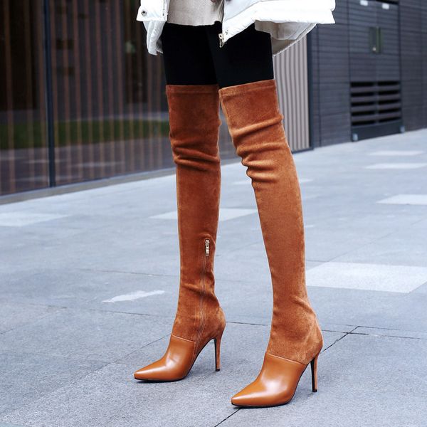 

boots 2021 winter over the knee women stretch fabrics high heel slip on shoes pointed toe woman long size 34-43, Black