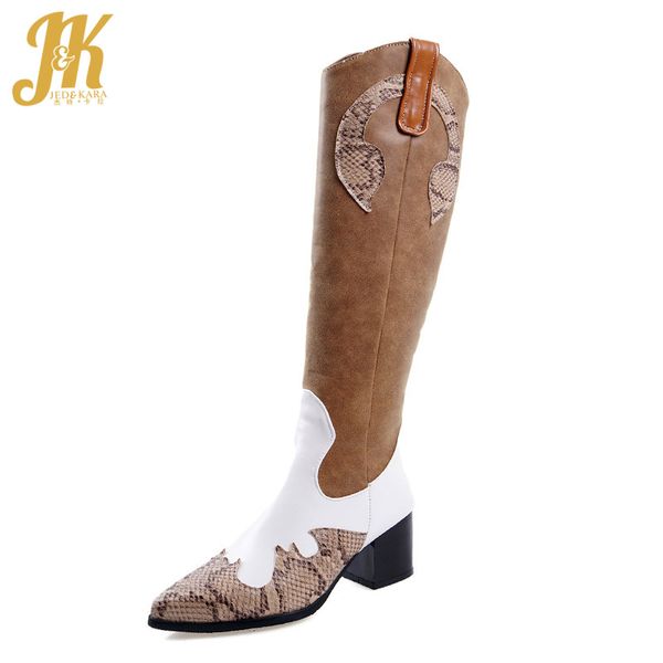 

jk western boots women knee high boot ladies pointed toe zip shoes female high heels shoes snake skin winter size 48, Black