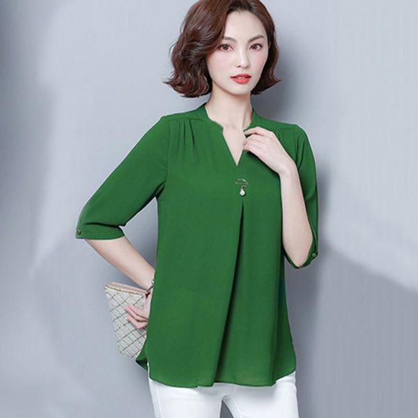 

fashion shirt 2020 autumn three quarter sleeve buttons casual blouses women's new v-neck leisure loose solid color blouse, White