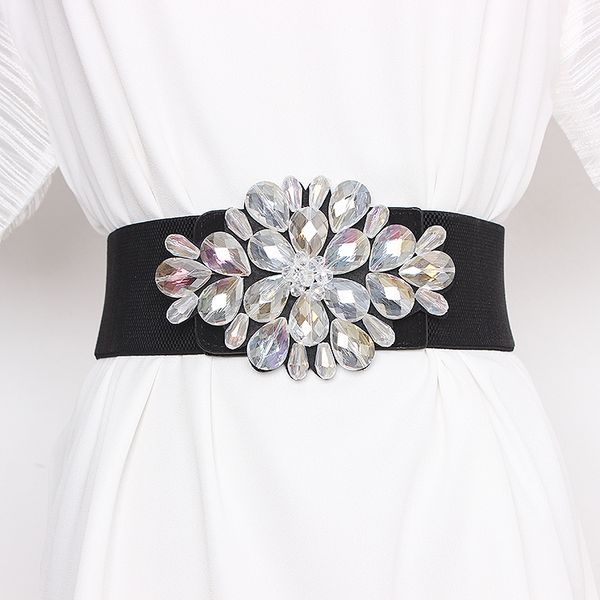 

fashion champagne grey white big rhinestone waist belt for women wide elastic strech strap ladies luxury crystal gem waistband, Black;brown