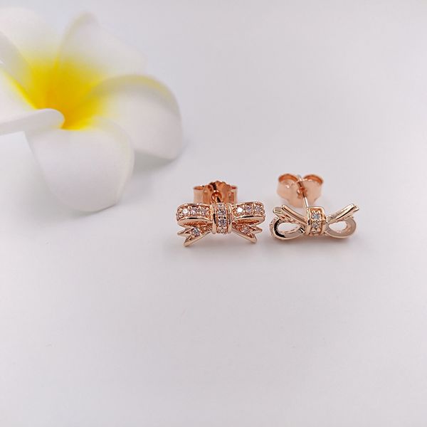 

authentic 925 sterling silver sparkling bow earrings fits european pandora style jewelry 280555cz rose gold plated studs, Golden;silver