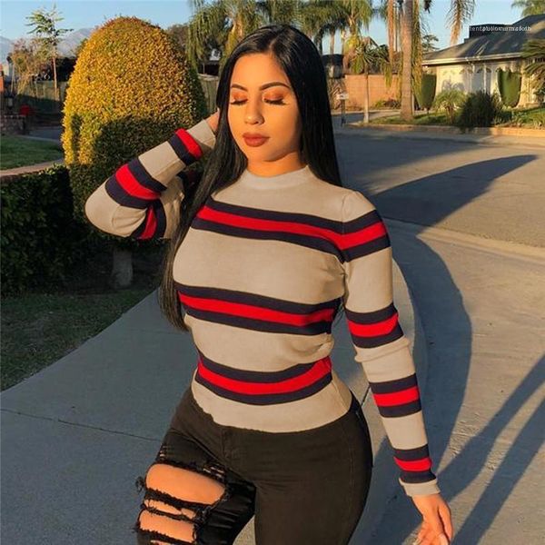 

slim panelled pullover crew neck womens tees casual females clothing stripe print womens designer tshirts fashion, White