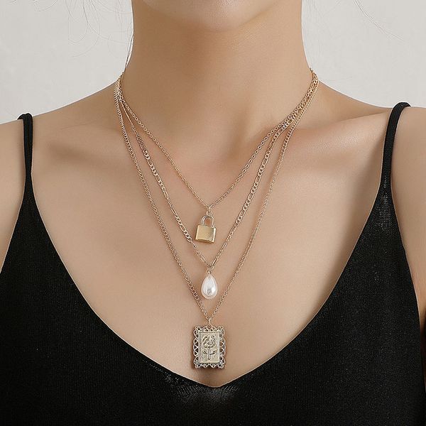 

vintage multilayer lock rose flower pearl pendant necklace women temperament geometric chains necklace punk party jewelry kolye, Silver