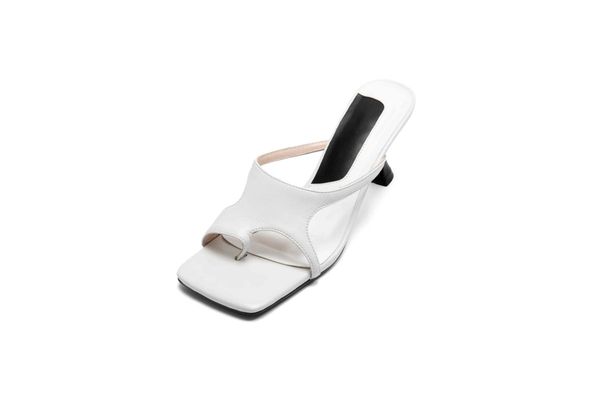 

korean girls office lady dress shallow genuine leather flip-flop high strange heel slip on mules summer sandals l0f4, Black