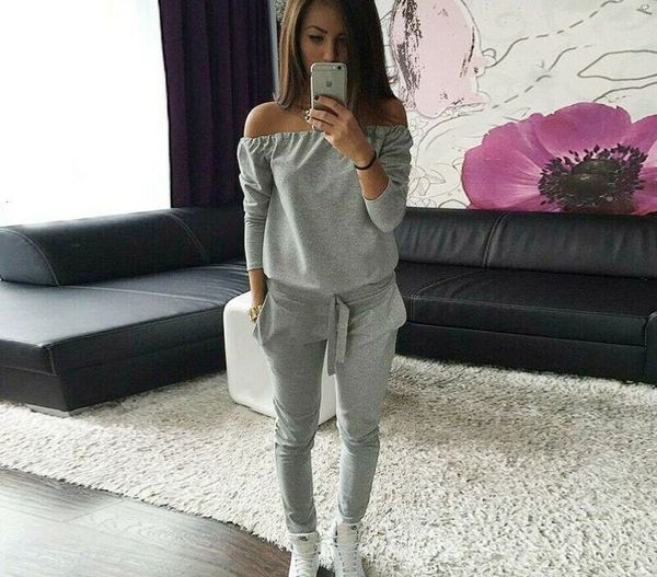 

women 2pc sets autumn ladies casual pullover long pants trousers set two piece outfit jumpsuit playsuit tracksuit women, Gray