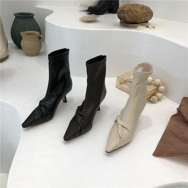 

ankle boots women's no velvet spring and autumn boots pointed high heel thin heeled soft leather, Black