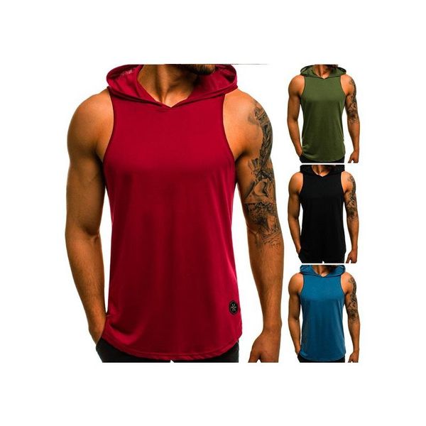 

men summer sports casual solid color hooded loose leisure sleeveless vest tank gyms lightweight male clothing, White;black