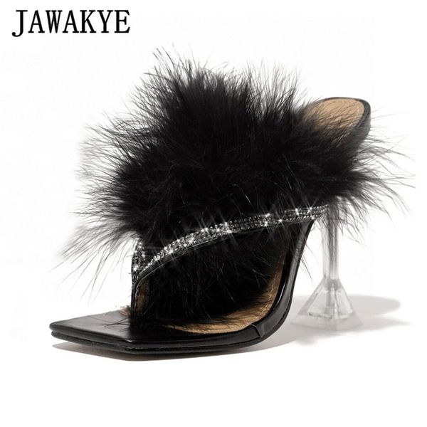 

charming fur sequined flipflops runway slippers women sandals square toe clear strange heel party wedding shoes bride shoes, Black
