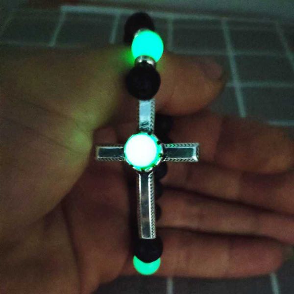 

beaded, strands 2021 glow in the dark volcanic stone bracelet men women handmade retro alloy cross luminous jewelry, Black