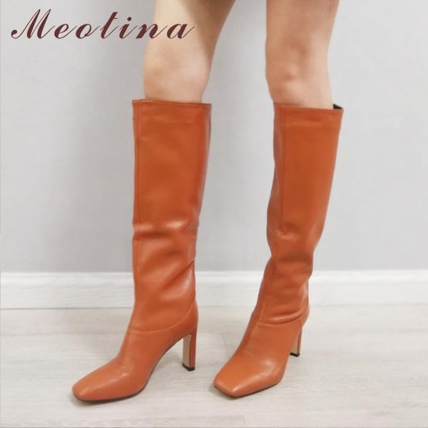

meotina knee-high boots women shoes square toe chunky heels slip-on boots lady high heel long female winter brown black 43