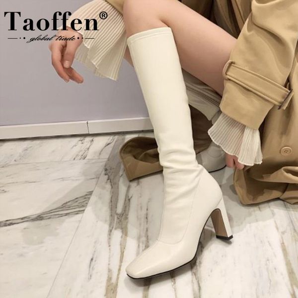 

taoffen женщины колено сапоги мода zipper sexy высокий каблук зимняя обувь женщина теплое площади toe управление леди обувь размер 34-39, Black