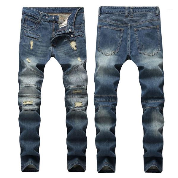 

mens jeans skinny fashion solid color long pants casual pleated washed jeans male jeans designer straight, Blue