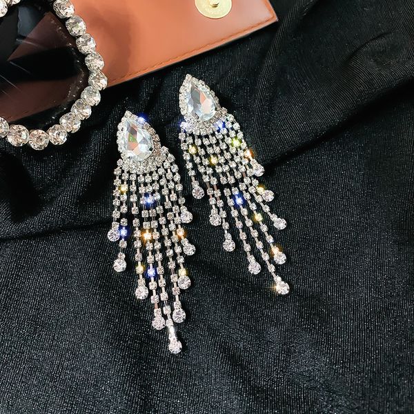 

fyuan shiny water drop crystal earrings for women new bijoux long tassel rhinestone dangle earrings party jewelry accessories, Silver