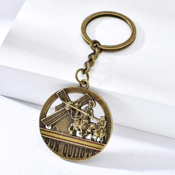 

vicney spain style don quijote key chain round shape antique copper don quixote and the windmill keyring keychain for key ring, Silver
