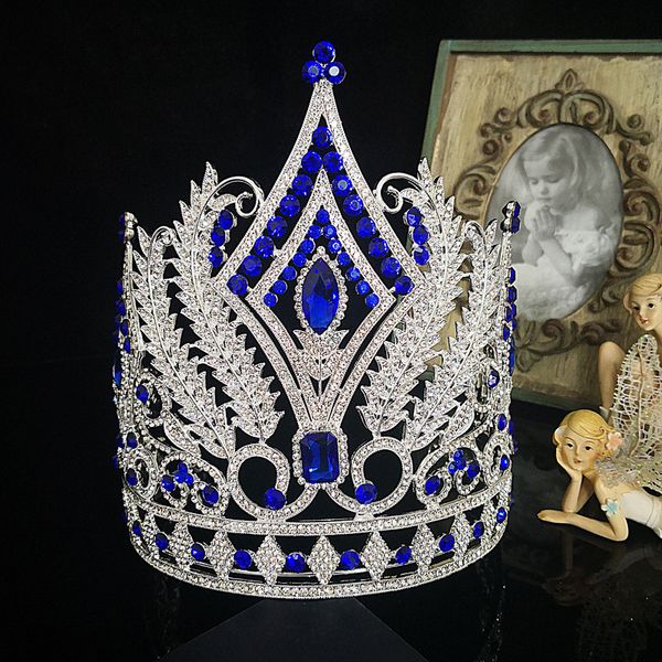 

luxury large big european crown pageant gorgeous blue crystal rhinestone queen tiara wedding bridal party hair accessories b692, Golden;silver