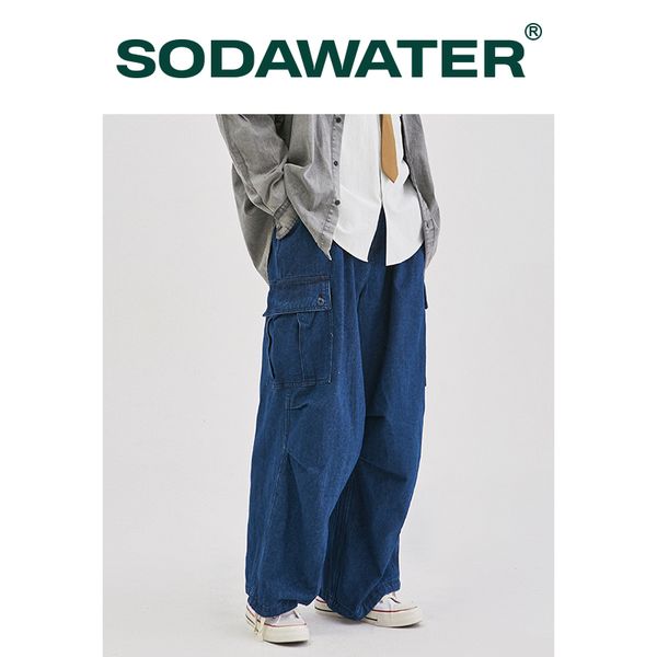 

sodawater mens stretch loose fit jeans men streetwear harajuku pockets cargo jeans pants male dark blue denim pants plus size