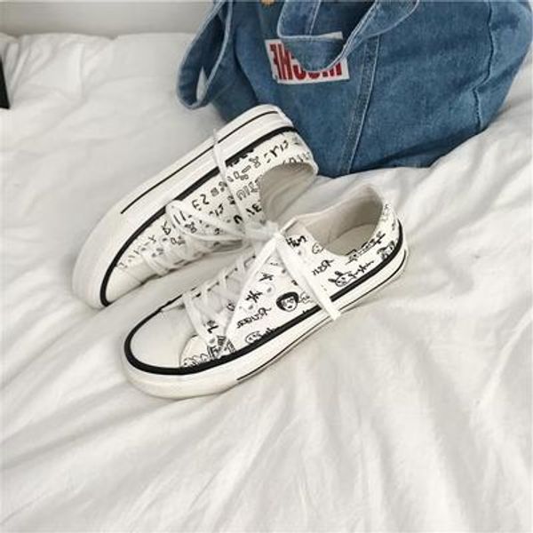 

little white shoes new simple retro wild shoes canvas women low-cut graffiti summer, Black