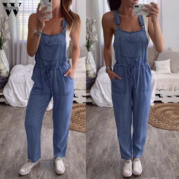 

womail jumpsuit women fashion sleeveless long bodysuit ladies overalls denim jeans romper loose pocket wide leg playsuit 919, Black;white