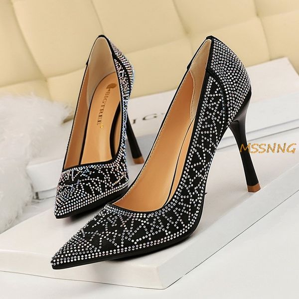 

2020 spring luxury women's glitter crystal pointed toe high heels bling rhinestone thin heel party wedding women shoes big size, Black