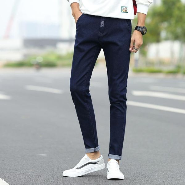 

men fashion skinny jeans 2020 new brand spring summer slim fit straight cotton ankle length denim trousers plus size, Blue