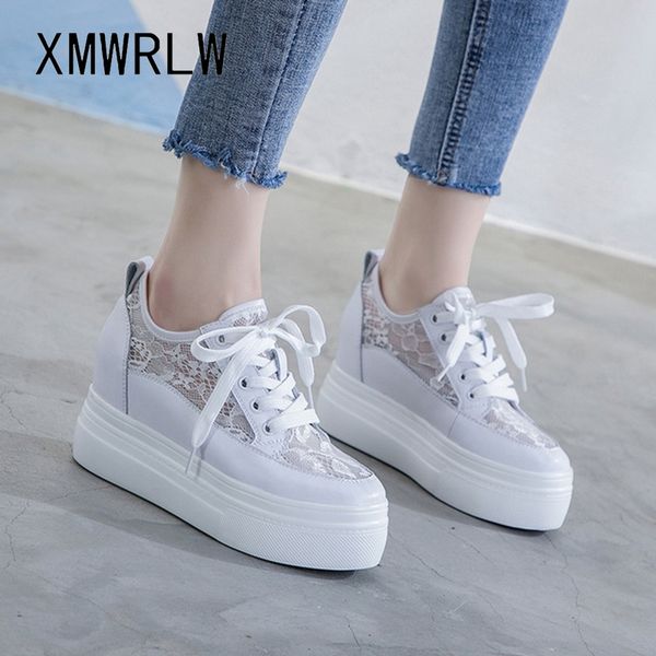 

xmwrlw women flat platform shoes 2020 summer breathable lace white shoes women sneakers hidden heel female shoe chunky sneakers, Black