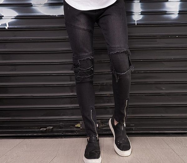 

fashion 2020 spring autumn locomotive knee fold pleated skinny jeans men leg zipper cotton biker cargo nightclub street pants, Blue