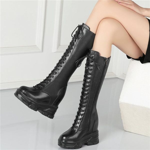 

fashion sneakers women lace up black genuine leather high heel mid calf boots female high round toe thigh pumps shoes