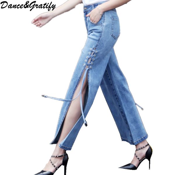 

2020 new winter autumn fashion lace-up straight jean deinm pants women high waist split long trouser, Blue