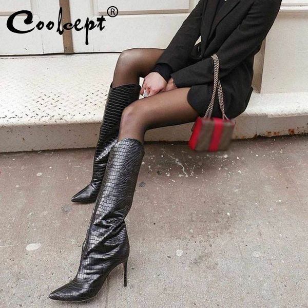 

coolcept plus size 34-45 knee high boots for women new winter pointed toe high heels shoes women fashion party footwear, Black