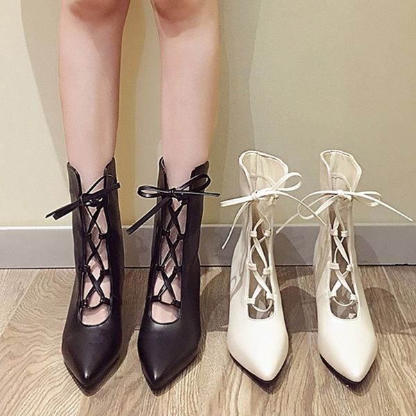 

heels shoes women cross-tied gladiator boots pointed toe pumps high heels ankle boot hollow outs booties botas mujer 8689n, Black