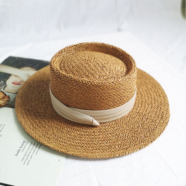 

ladies handmade natural straw hat summer beach hat for women panama cap fashion concave flat protetion visor sun boat hats, Blue;gray