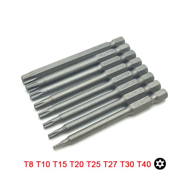 

8pcs torx t8 t10 t15 t20 t25 t27 t30 t40 bit set with hollow 75mm long 1/4 inch 6.35mm hex shank steel screwdriver bits