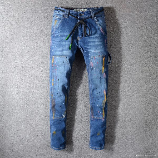 

new mens distressed ripped biker jeans slim fit motorcycle biker denim for men fashion designer hip hop street mens jeans size 28-40, Blue