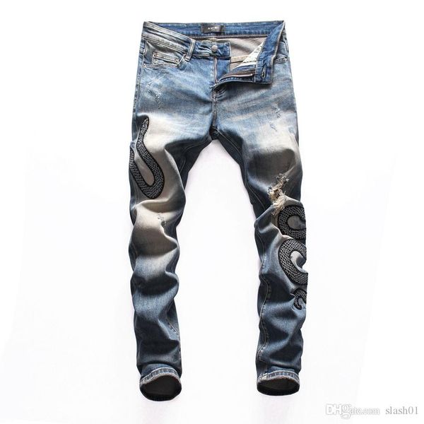 

new 2019 men's tear jeans tear jeans fashion black cotton fashion tight autumn and winter men's trousers d2, Blue