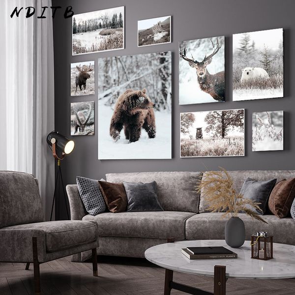 

scandinavian poster and print winter nature landscape canvas painting beer deer animal wall art picture nordic style home decor