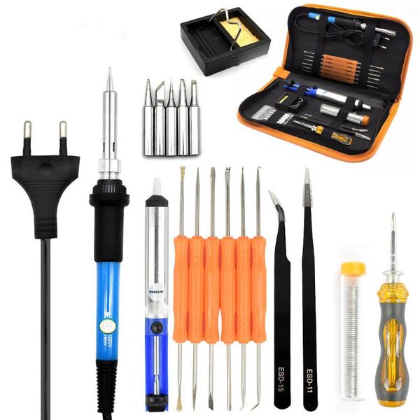 

60w 220v electric soldering iron kit welding tip adjustable temperature solder fiux diy portable repair tools with eu tin pliers