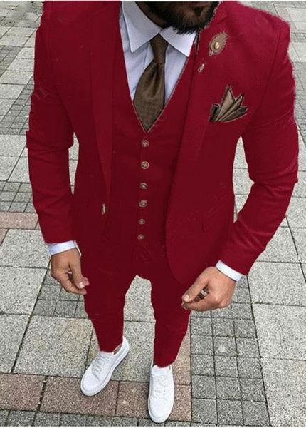 New Style Burgundy Noivo Smoking Notch lapela Groomsmen Mens vestido de casamento Excelente Homem Jacket Blazer 3 peça naipe (jaqueta + calça + Vest + empate) 1