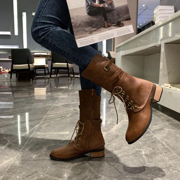 

новая осень женщины кожа pu середина теленок сапоги lace-up zipper med пятки сапоги короткие труб женская обувь женская платформа пинетки, Black