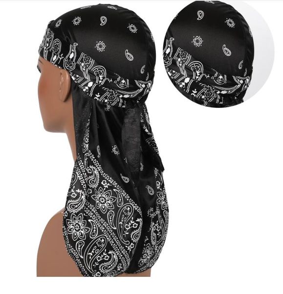 

premium men silk durag paisley design printing silky durags long straps headwear head scarf wave cap headwrap satin durags