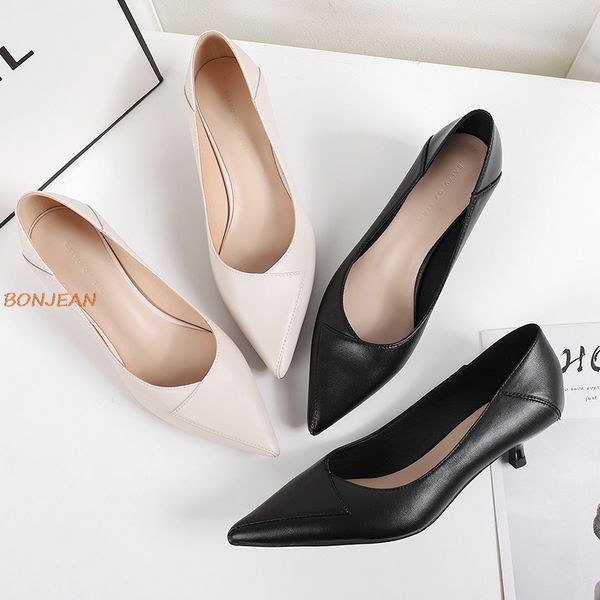 

2020 new women high heels pointed toe shoes ladies genuine leather fashion thin heels pumps office solid women's shoes, Black